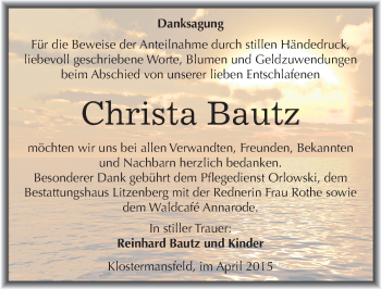 Traueranzeige von Christa Bautz von Mitteldeutsche Zeitung Mansfelder Land