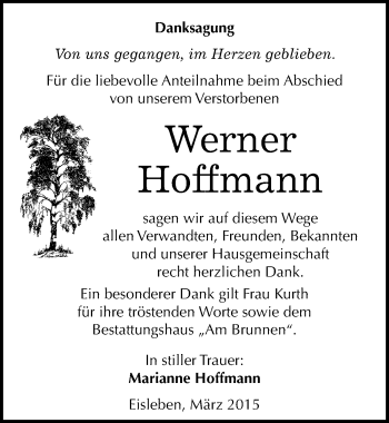 Traueranzeige von Werner Hoffmann von Mitteldeutsche Zeitung Mansfelder Land