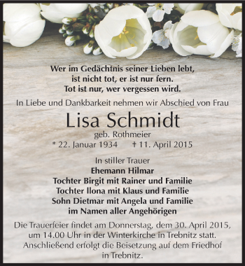 Traueranzeige von Lisa Schmidt von Mitteldeutsche Zeitung Bernburg