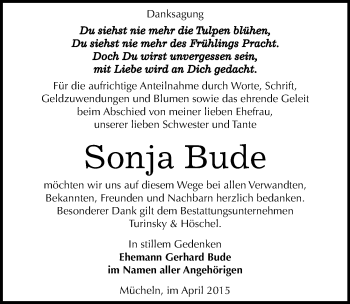 Traueranzeige von Sonja Bude von Mitteldeutsche Zeitung Merseburg/Querfurt