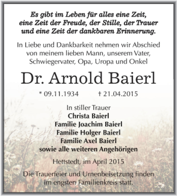Traueranzeige von Arnold Baierl von Wochenspiegel Mansfelder Land