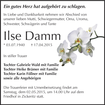 Traueranzeige von Ilse Damm von Super Sonntag Bernburg
