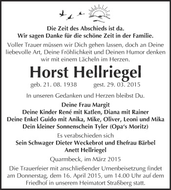 Traueranzeige von Horst Hellriegel von WVG - Wochenspiegel Quedlinburg