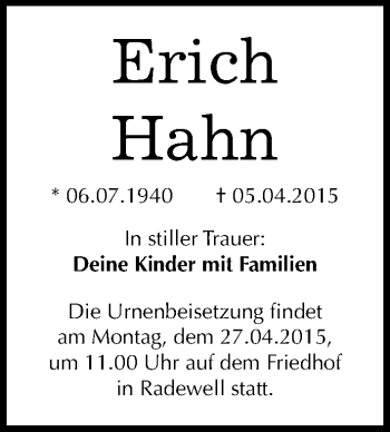 Traueranzeige von Erich Hahn von Mitteldeutsche Zeitung Halle/Saalkreis