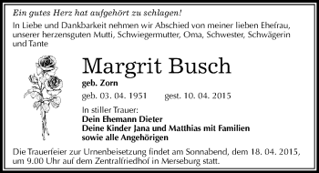 Traueranzeige von Margrit Busch von Mitteldeutsche Zeitung Merseburg/Querfurt