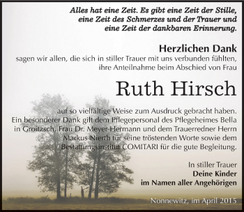 Traueranzeige von Ruth Hirsch von Mitteldeutsche Zeitung Zeitz