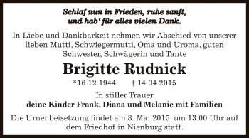 Traueranzeige von Brigitte Rudnick von Super Sonntag Bernburg