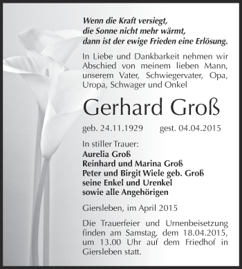 Traueranzeige von Gerhard Groß von Super Sonntag Aschersleben