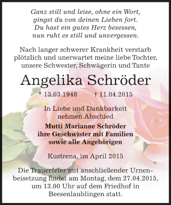 Traueranzeige von Angelika Schröder von Mitteldeutsche Zeitung Bernburg