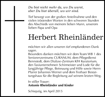 Traueranzeige von Herbert Rheinländer von Mitteldeutsche Zeitung Halle/Saalkreis