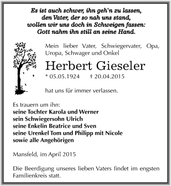 Traueranzeige von Herbert Gieseler von Mitteldeutsche Zeitung Mansfelder Land