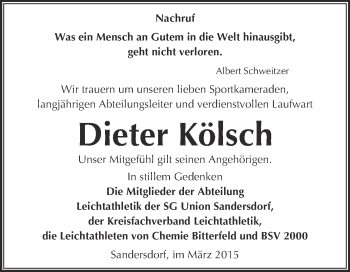 Traueranzeige von Dieter Kölsch von WVG - Wochenspiegel Bitterfeld