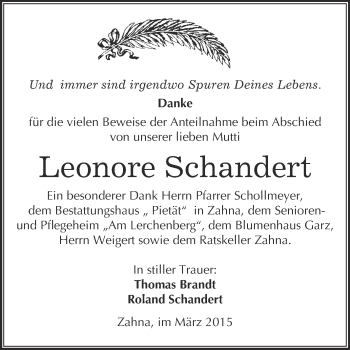 Traueranzeige von Leonore Schandert von Super Sonntag Wittenberg