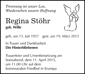 Traueranzeige von Regina Stöhr von Mitteldeutsche Zeitung Merseburg/Querfurt