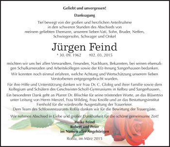 Traueranzeige von Jürgen Feind von Mitteldeutsche Zeitung Sangerhausen
