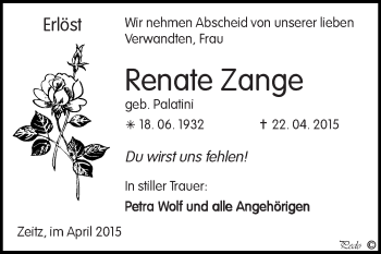 Traueranzeige von Renate Zange von Super Sonntag Zeitz
