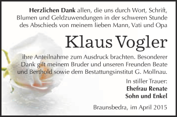 Traueranzeige von Klaus Vogler von WVG - Wochenspiegel Merseburg