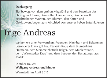 Traueranzeige von Inge Andreas von WVG - Wochenspiegel Quedlinburg
