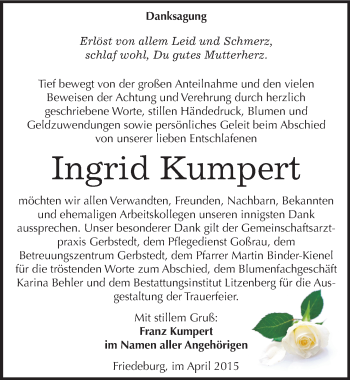Traueranzeige von Ingrid Kumpert von Mitteldeutsche Zeitung Mansfelder Land