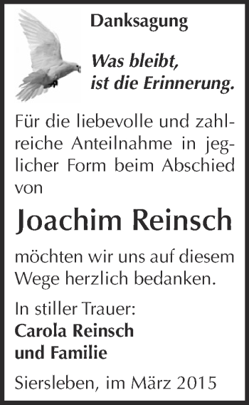 Traueranzeige von Joachim Reinsch von Wochenspiegel Mansfelder Land