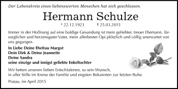Traueranzeige von Hermann Schulze von Mitteldeutsche Zeitung Wittenberg