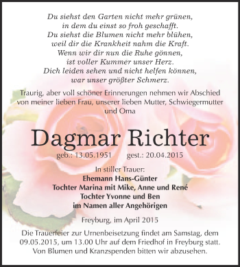 Traueranzeige von Dagmar Richter von WVG - Wochenspiegel NMB / WSF / ZTZ