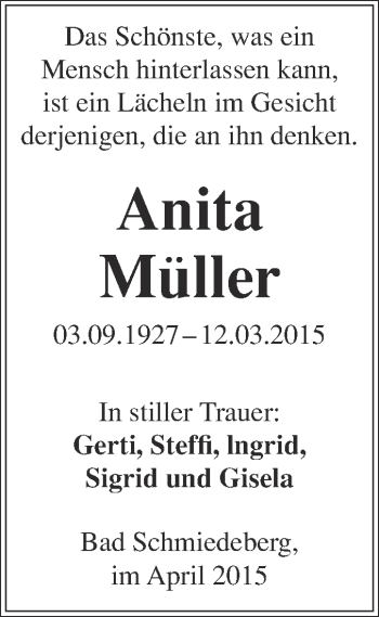Traueranzeige von Anita Müller von WVG - Wochenspiegel Wittenberg