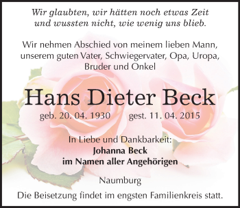 Traueranzeige von Hans Dieter Beck von Mitteldeutsche Zeitung Naumburg/Nebra