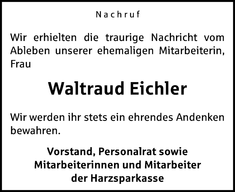  Traueranzeige für Waltraud Eichler vom 25.04.2015 aus Mitteldeutsche Zeitung Quedlinburg