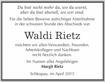 Traueranzeige von Waldi Rietz von Super Sonntag Merseburg
