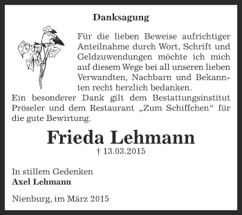 Traueranzeige von Frieda Lehmann von Super Sonntag Bernburg