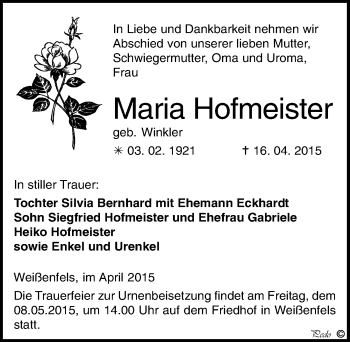 Traueranzeige von Maria Hofmeister von Mitteldeutsche Zeitung Weißenfels