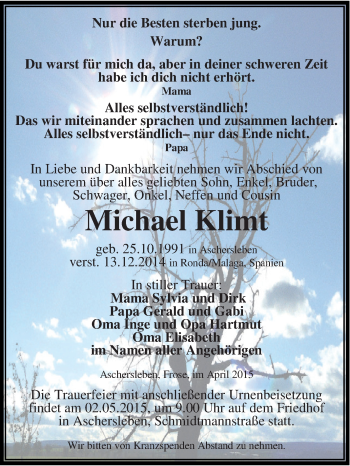 Traueranzeige von Michael Klimt von Super Sonntag Aschersleben