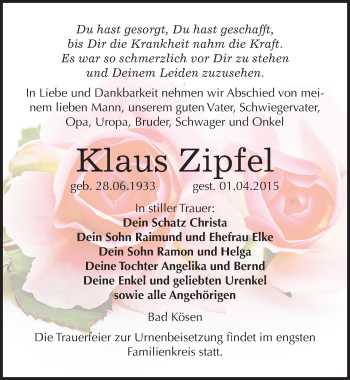 Traueranzeige von Klaus Zipfel von Mitteldeutsche Zeitung Naumburg/Nebra