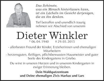 Traueranzeige von Dieter Winkler von Super Sonntag Wittenberg