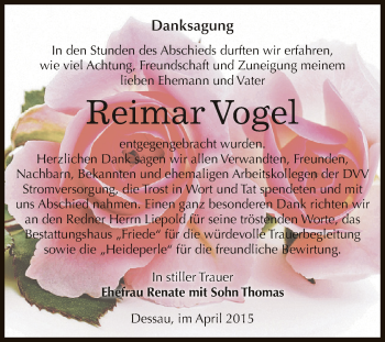 Traueranzeige von Reimar Vogel von WVG - Wochenspiegel Dessau / Köthen