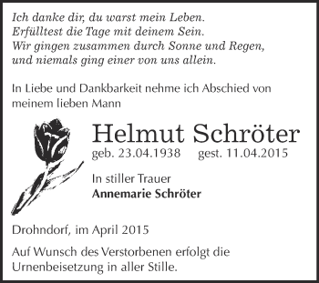 Traueranzeige von Helmut Schröter von Super Sonntag SGH Mansf. Land