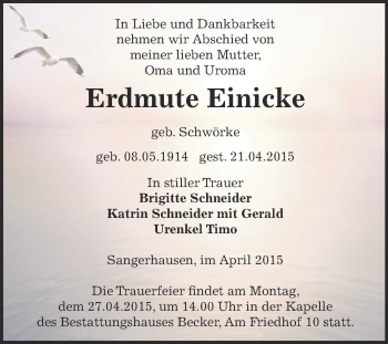 Traueranzeige von Erdmute Einicke von Super Sonntag SGH Mansf. Land