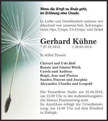 Traueranzeige von Gerhard Kühne von WVG - Wochenspiegel Dessau / Köthen