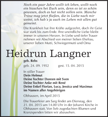 Traueranzeige von Heidrun Langner von Mitteldeutsche Zeitung Merseburg/Querfurt