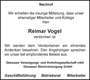 Traueranzeige von Reimar Vogel von Super Sonntag Dessau / Köthen