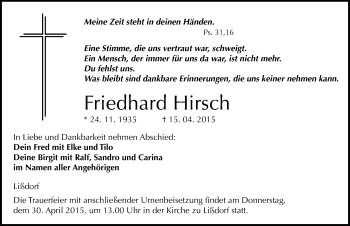 Traueranzeige von Friedhard Hirsch von Mitteldeutsche Zeitung Naumburg/Nebra