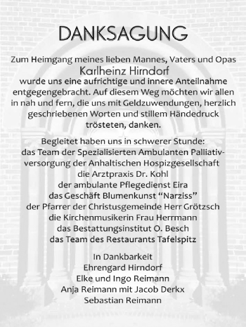 Traueranzeige von Karlheinz Hirndorf von WVG - Wochenspiegel Dessau / Köthen