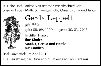 Traueranzeige von Gerda Leppelt von Mitteldeutsche Zeitung Merseburg/Querfurt