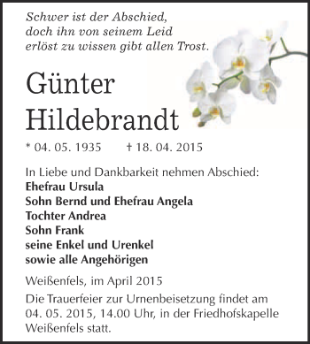 Traueranzeige von Günter Hildebrandt von WVG - Wochenspiegel NMB / WSF / ZTZ