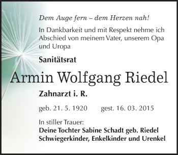 Traueranzeige von Armin Wolfgang Riedel von Mitteldeutsche Zeitung Halle/Saalkreis
