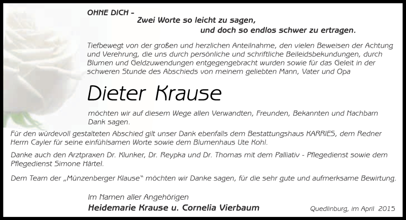  Traueranzeige für Dieter Krause vom 26.04.2015 aus WVG - Wochenspiegel Quedlinburg