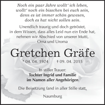 Traueranzeige von Gretchen Gräfe von WVG - Wochenspiegel NMB / WSF / ZTZ