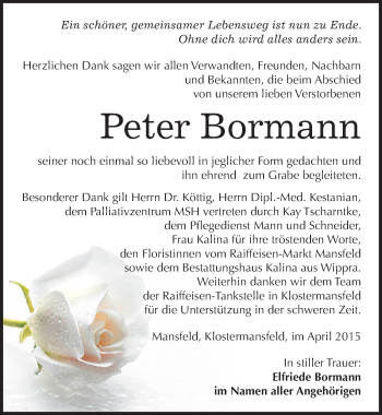 Traueranzeige von Peter Bormann von Mitteldeutsche Zeitung Mansfelder Land