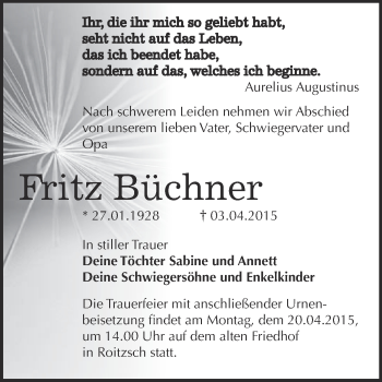 Traueranzeige von Fritz Büchner von WVG - Wochenspiegel Bitterfeld